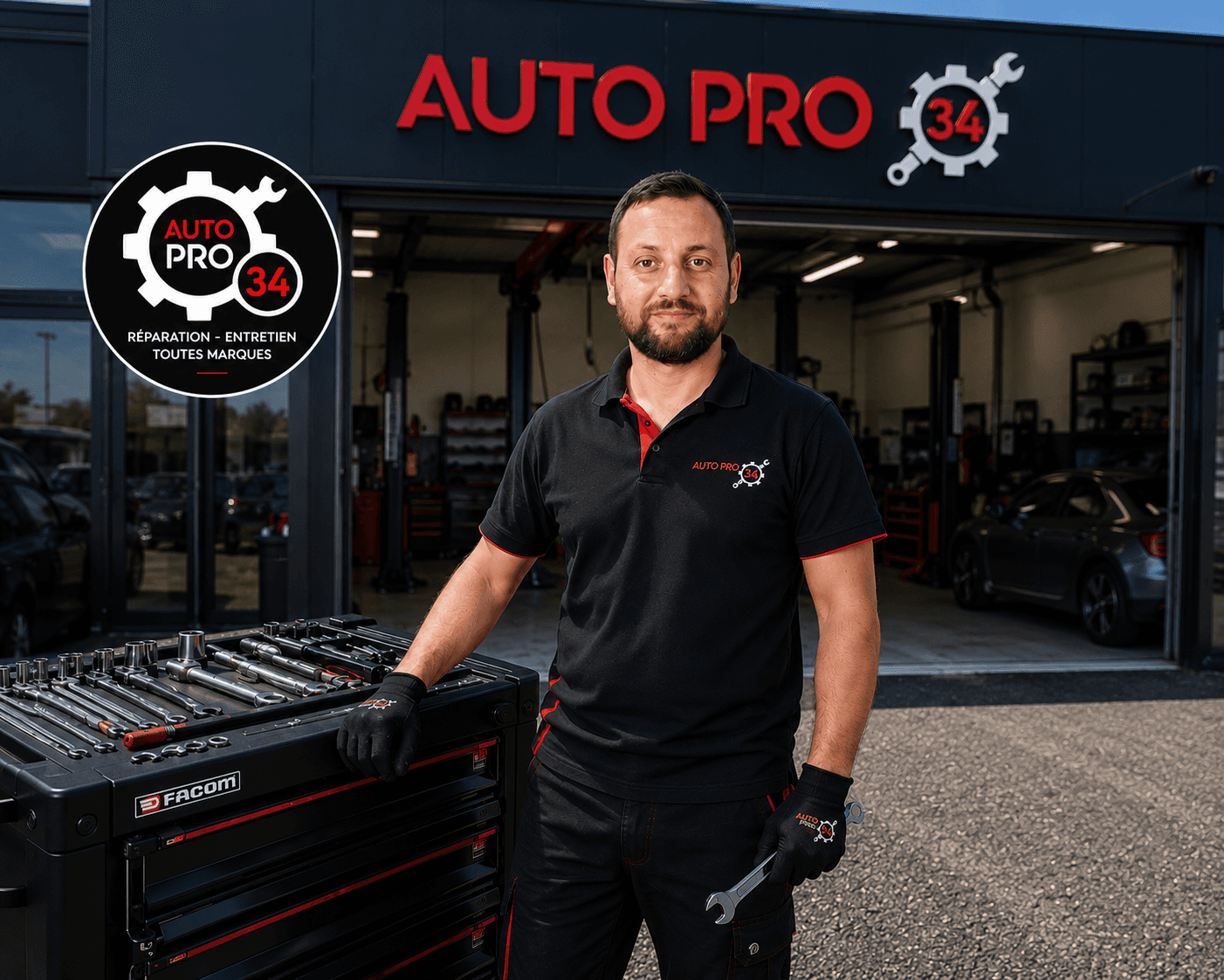Technicien de Auto Pro 34 devant le garage à Poussan